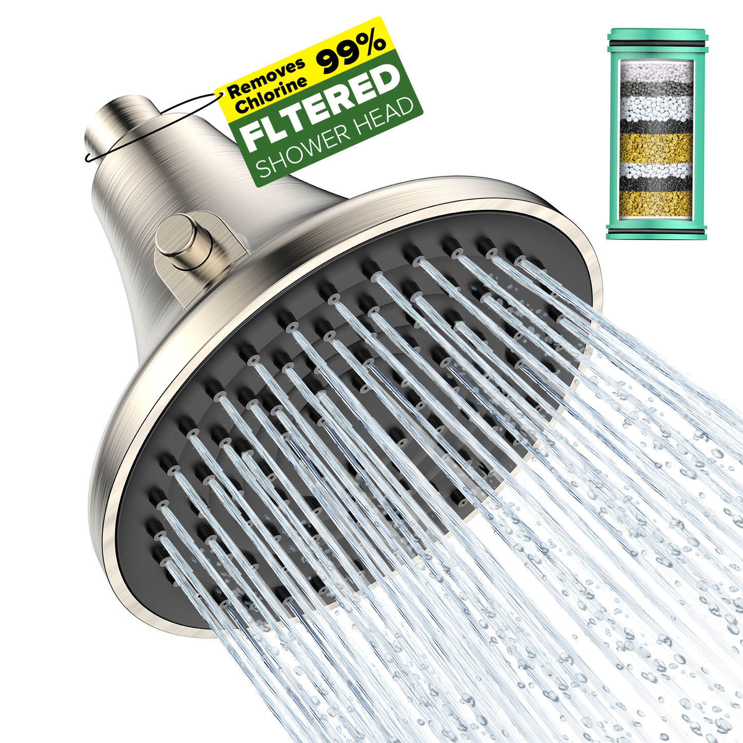 Filtered Shower Head - High Pressure Rain Shower Heads with Filter for Hard Water -Water Softener Filters Beads to Remove Chlorine, 1-Min Install, One-Button Filter Replacement