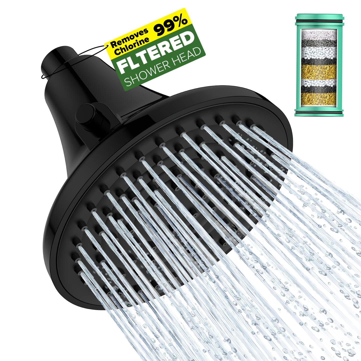 Filtered Shower Head - High Pressure Rain Shower Heads with Filter for Hard Water -Water Softener Filters Beads to Remove Chlorine, 1-Min Install, One-Button Filter Replacement